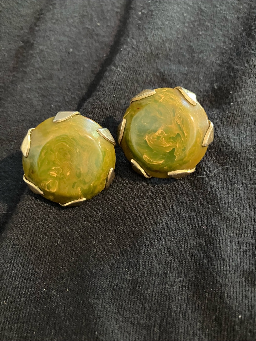 Green Marbled Bakelite Clip-On Earrings with Gold-Tone Prongs
